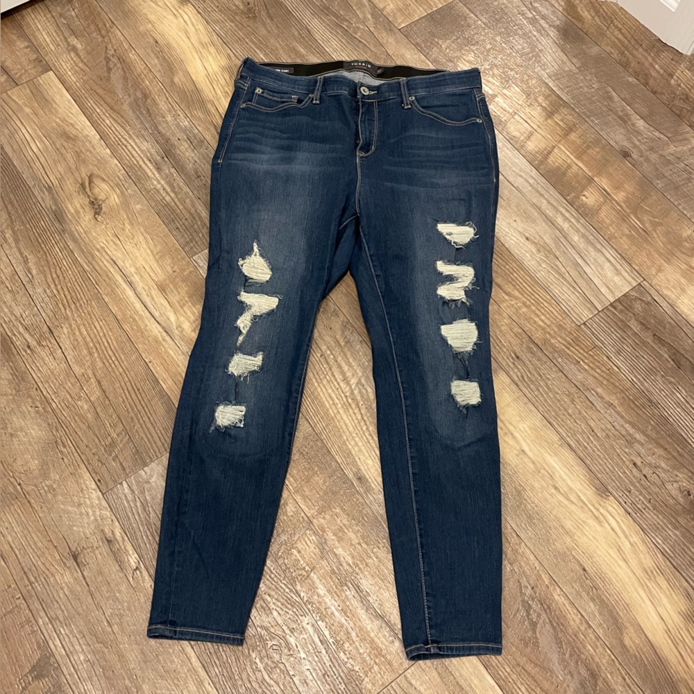 Torrid Dark Blue Distressed Skinny Jeans